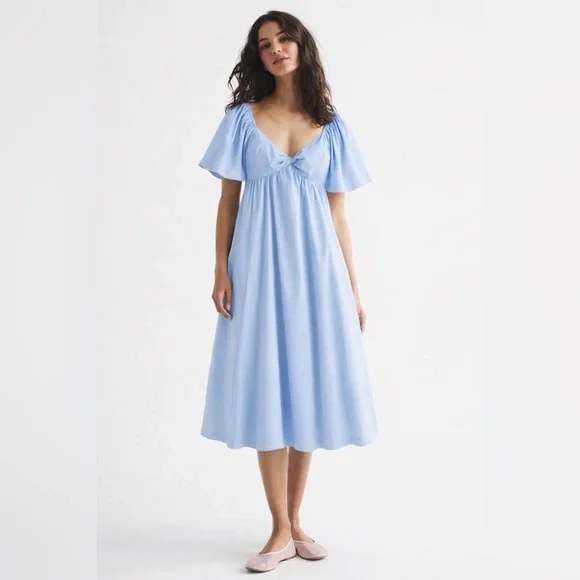 Abercrombie & Fitch Angel Sleeve Twist Front Midi Dress Blue Size Medium Petite - Picture 11 of 11